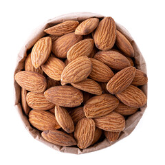 Almonds in a paper bag on a white background