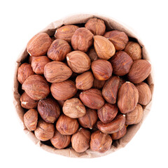hazelnuts in a paper bag on a white background