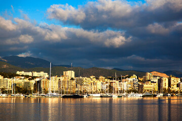 Bay on Palma de Mallorca Spain, sea, mountains and yachts.