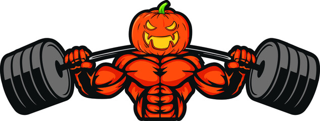 pumpkin Halloween vector icon holding barbell