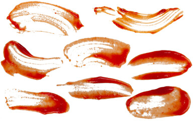 Ketchup spots and lines. Collection of different ketchup shapes isolated on white background.