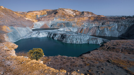 Abandoned copper mine Phoenix in Skouriotissa area, Cyprus. Mine pits, tailings and acid lakes,...
