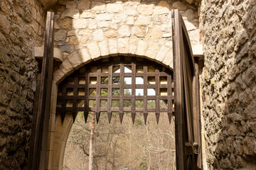 Metal spikes of a sliding door at the entrance of a medieval fortress