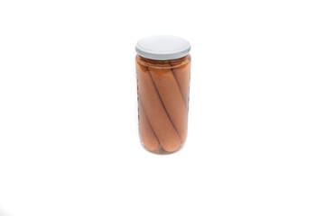 Glass jar with sausages, Bockwurst. Isolated on white background. Bockwurst is a sausage from German cuisine.