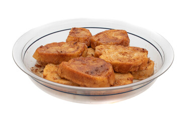 French toast, sweet widely consumed at Easter in Spain, called Torrijas. Isolated on white background. 
