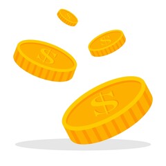 Falling coins, falling money, flying gold coins, golden rain. treasure of gold wealth with bright sparkles, money gold coins stacks concept of savings and dividends