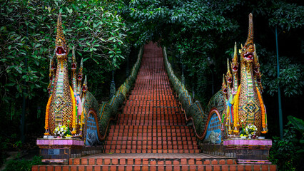 Temple Naga Stairway at Doi Suthep Temple  at dawn , Chiang mai, Thailand