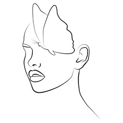 Butterfly and face. Continuous line, face drawing, fashion concept, minimalist beauty of a woman. A modern portrait.