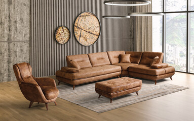 3D rendering .modern living room .modern corner furniture .photo frame And Flower Pots and carpet