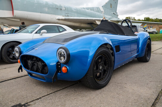 sports car Shelby Cobra manufactured by British company AC Cars is presented at the festival of vintage cars in Kyiv