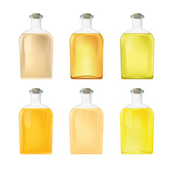 Glass bottles with liquid, transparent containers for different products