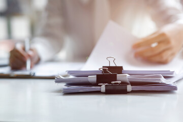 Business Documents, Auditor businesswoman checking searching document legal prepare paperwork or...