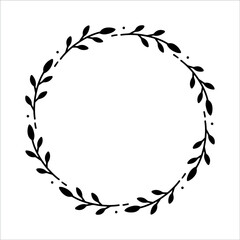 Vector hand drawn spring wreath isolated on white background. Silhouette circle of leaves. Doodle style. Floral monogram frame.