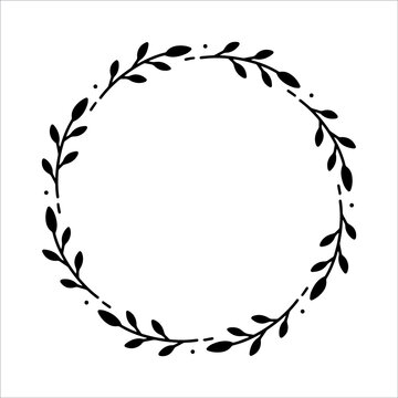 Vector hand drawn spring wreath isolated on white background. Silhouette circle of leaves. Doodle style. Floral monogram frame.