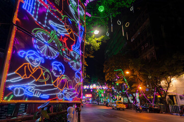 Park Street,Kolkata, India - 12th November 2020 : Park street area is decorated with diwali lights for the occassion of Diwali or deepabali. It is the festival of light, good over darkness, evil.
