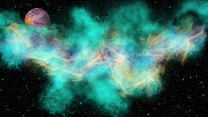 Abstract background - a multicolored cosmic nebula and a planet on a black background.