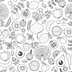 Fruits and vegetables seamless pattern. Hand drawn vector illustration. Minimalist design. Scandinavian style background. Healthy organic food.