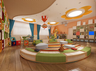 3d render of kindergarten room, kids school interior