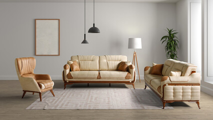 3D rendering of modern living room .modern furniture set.