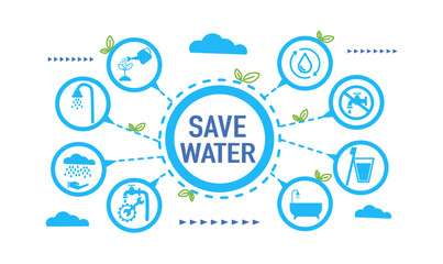 concept of water saving tips icon infographic. Save water, save earth and go green, environment protection campaign concept. on the blue background.