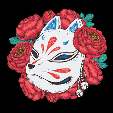 recommend clip art: Kitsune mask with pion flowers hand drawn vector illustration. Traditional japanese demon. Tattoo print. Hand drawn illustration for t-shirt print, fabric and other uses.
