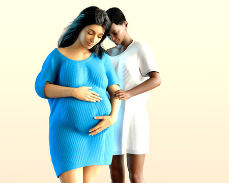 3D Illustration. Same sex mixed race couple expecting a baby. pregnancy.