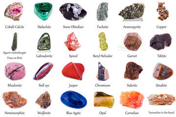 beautiful collection of geological minerals on a white background