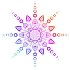 Round gradient mandala on a white isolated background. Vector boho mandala in blue and pink colors. Mandala with floral patterns. Yoga template