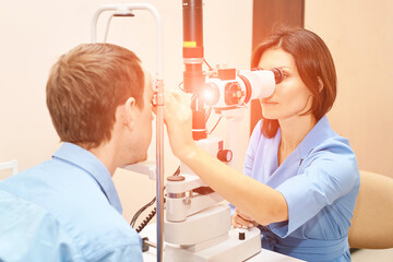 ophthalmologist medical patient. Eye clinic treatment. Hospital optics equipment. Choosing vision...