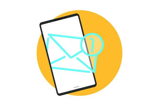 Smartphone with futuricric envelope on yellow circle background. Mail reciving concept Flat design style illustration.