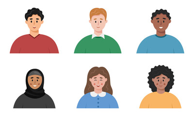 Young people faces. Diversity avatar set. Different smiling men and woman portraits. Flat vector illustrations isolated on white background.