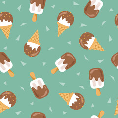 Obraz na płótnie Canvas Ice cream seamless pattern with geometric elements. Tasty waffle cone and ice cream on stick on green background. Summer, birthday or sweet food theme surface. Cartoon desserts wallpaper. 