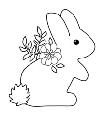 A stylized image in the form of a rabbit with a flower and leaves. Outline on a white background hand drawn illustration on a white background