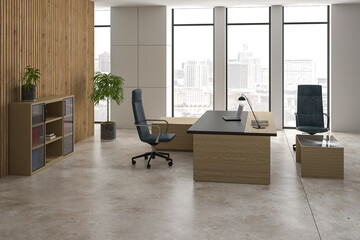 3D Render Office Room decoration . office furniture in office interior .side view 