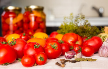 fresh red tomatoes, spices, seasonings and pickled tomatoes in jars on the table