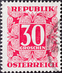 Austria - circa 1949: a postage stamp from Austria, showing the number Thirty in Digit in square...