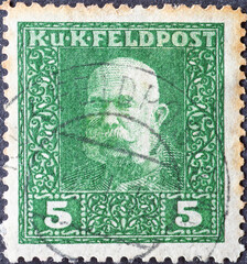 Austria - circa 1917: a postage stamp from Austria, showing a portrait of Emperor Franz Joseph on an army postal service stamp - Feldpost