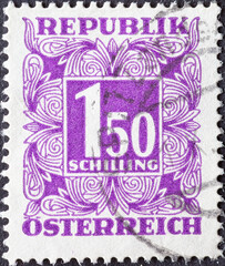 Austria - circa 1951: a postage stamp from Austria, showing the number 1.50 Schilling in digit in square frame