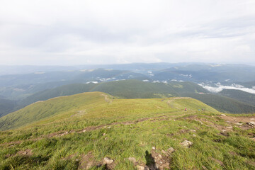 Panorama of mountains in the Ukrainian Carpathians on a summer day.