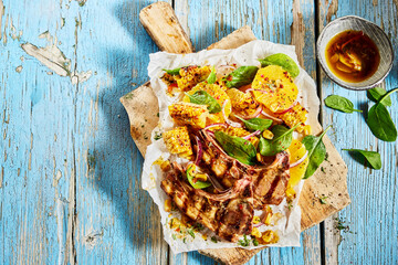 Tasty grilled lamb chops with corn served on table © exclusive-design