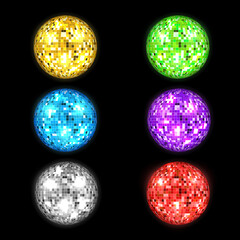 Collection realistic shiny neon gloss disco ball vector abstract bright mirror music party