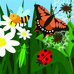 butterfly ladybug praying mantis and bee fly over flowers