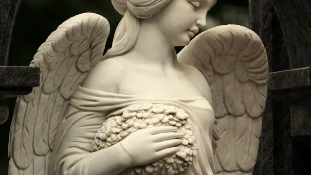 merciful angel in women's guise bowed his head sadly panorama from bottom to top