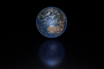 Abstract biblical-cosmic picture. Planet Earth over the water surface of the ocean. 3D render.