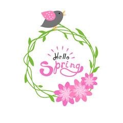 Hello spring flowers wreath. Cute hand drawn green yellow floral element Fresh spring graphic design Vector