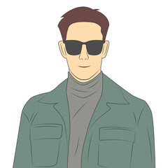 Portrait of handsome male character wearing sunglasses in flat cartoon style