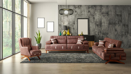 3D rendering of modern living room .modern furniture set.