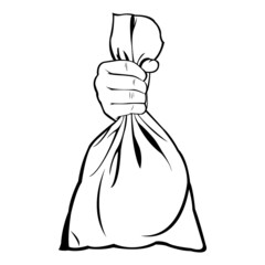 Simple black and white vector illustration of a hand holding money bag. A sack. Economy and financial. Business profit. Give alms. Kind and generous. Body part. Clip art.