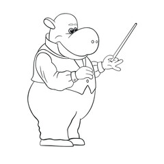 Hippo teacher in a suit with a pointer, presentation, on a white background.