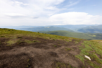Panorama of mountains in the Ukrainian Carpathians on a summer day.